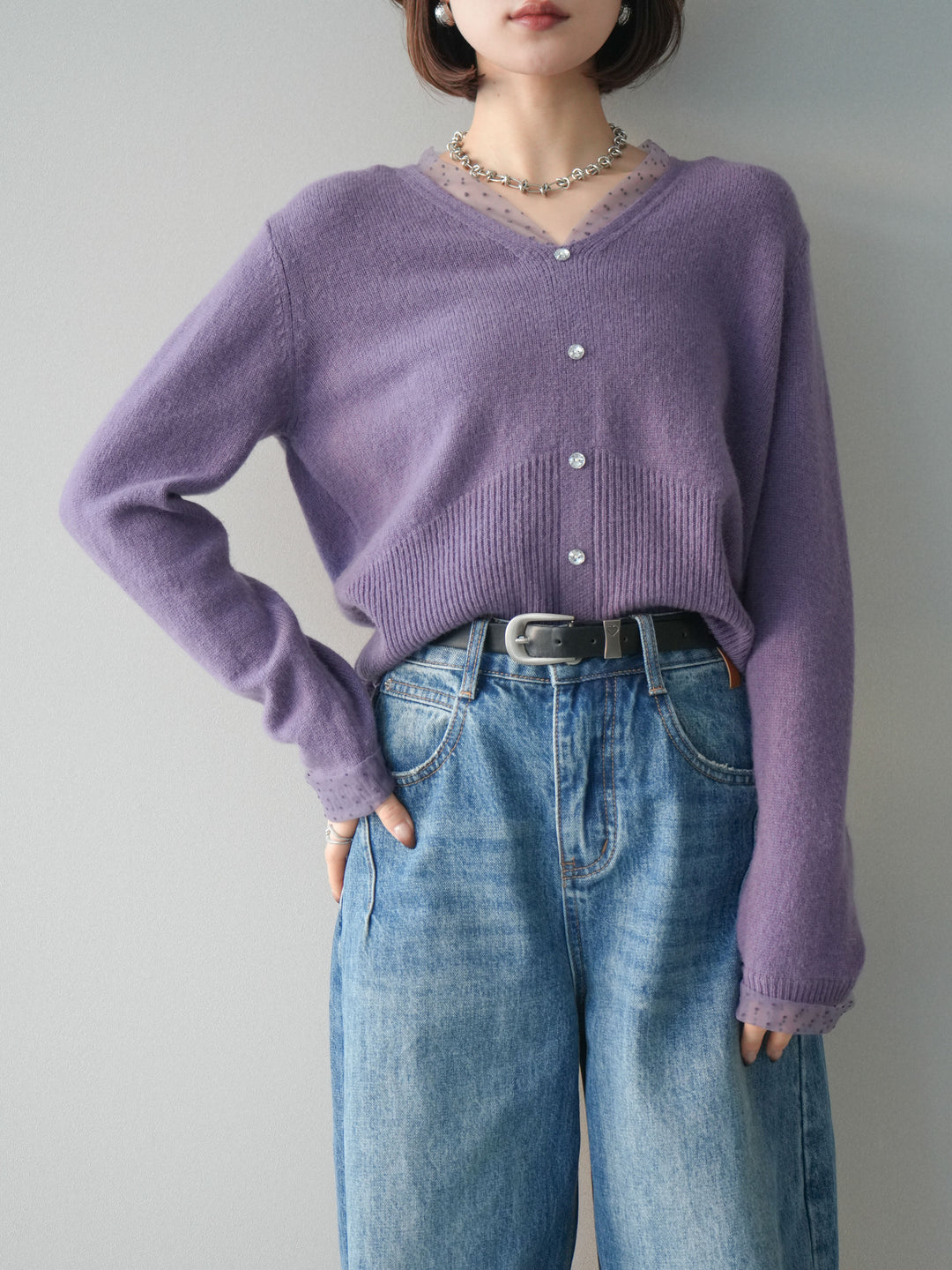 [予約]ドットチュールレイヤードボタンニットトップス/purple