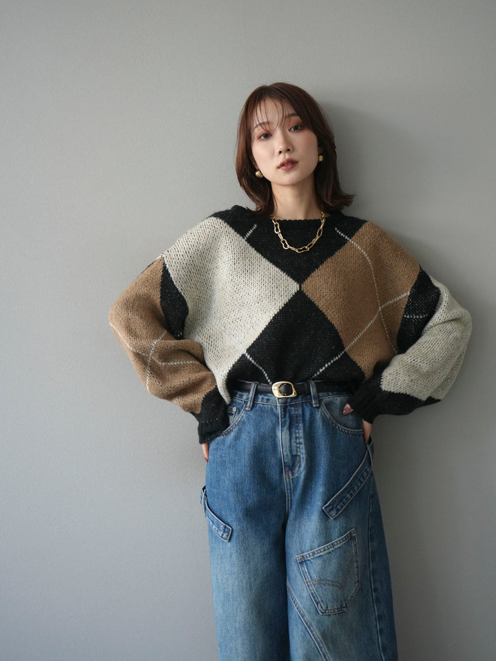 [予約]配色ステッチアーガイル柄ニットプルオーバー/black