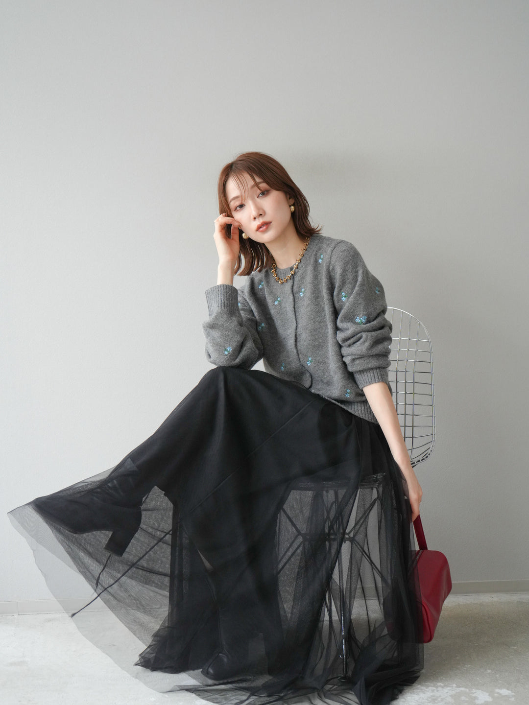 [SET]フラワー刺繍ニットカーディガン+チュールボリュームスカート(2set)