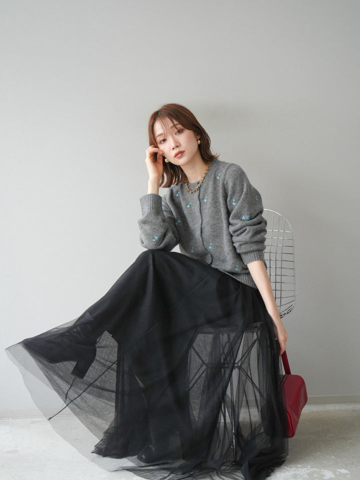 [SET]フラワー刺繍ニットカーディガン+チュールボリュームスカート(2set)