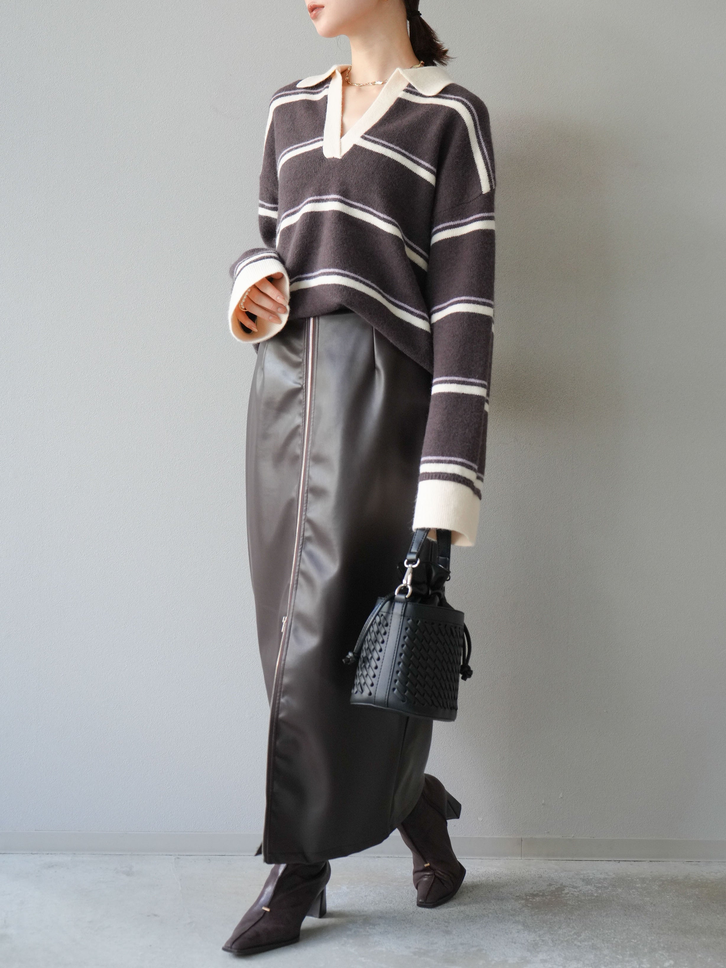 予約]フェイクレザーZIPタイトスカート/ブラウン – Lumier