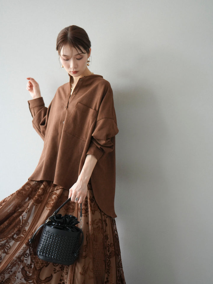 [SET]スエードバンドカラーオーバーシャツ+アンティーク柄フロッキーマキシスカート(2set)