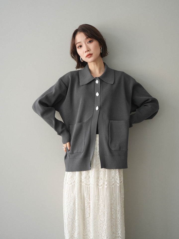 [予約]メタルボタン襟付きポリエステルニットカーディガン/charcoal