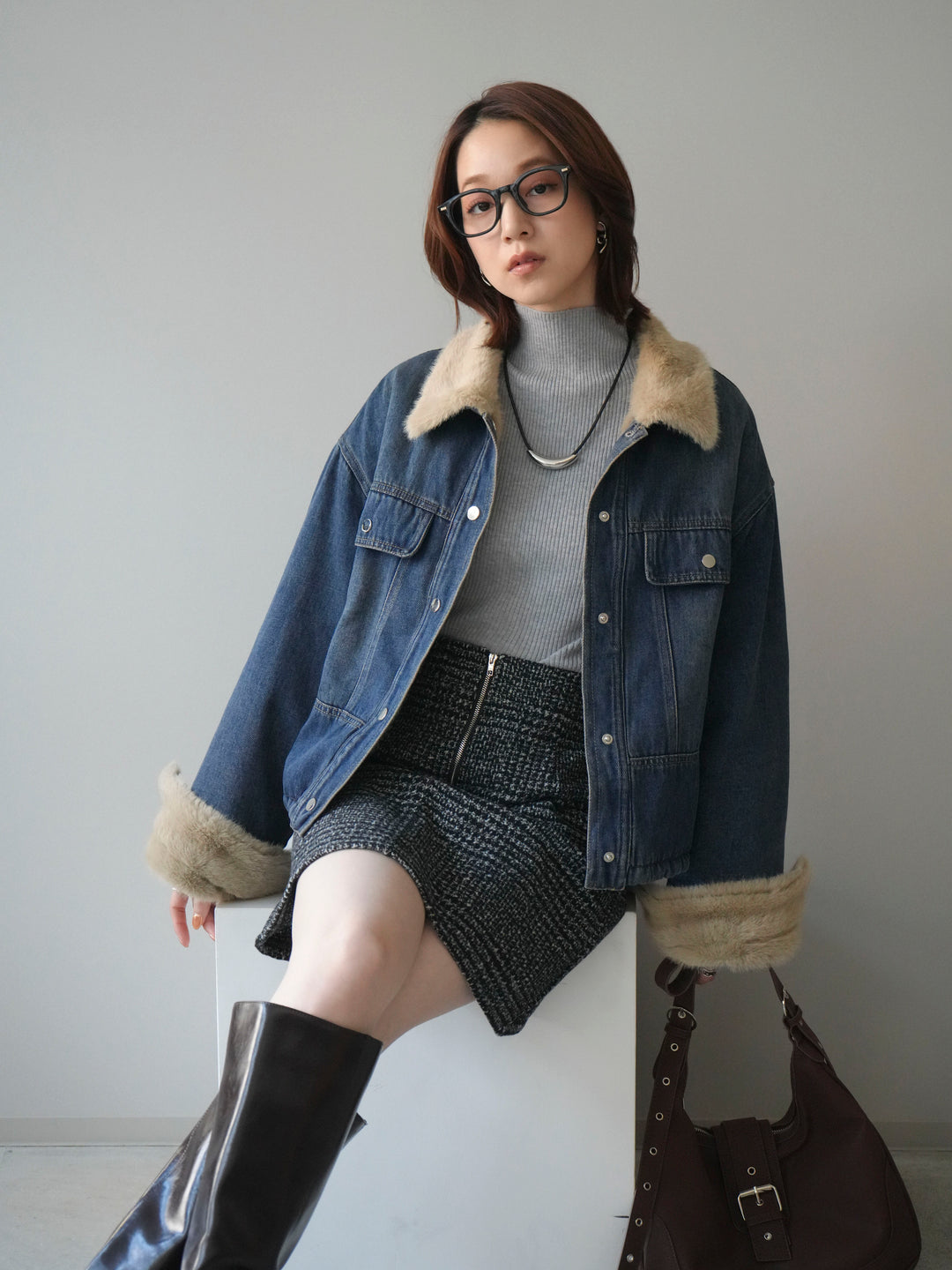 [予約]デニム×ファーステンカラーショートジャケット/blue