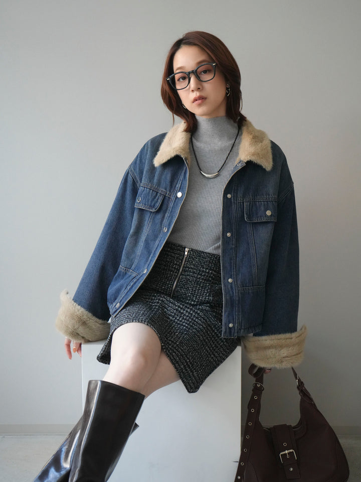 [予約]デニム×ファーステンカラーショートジャケット/blue