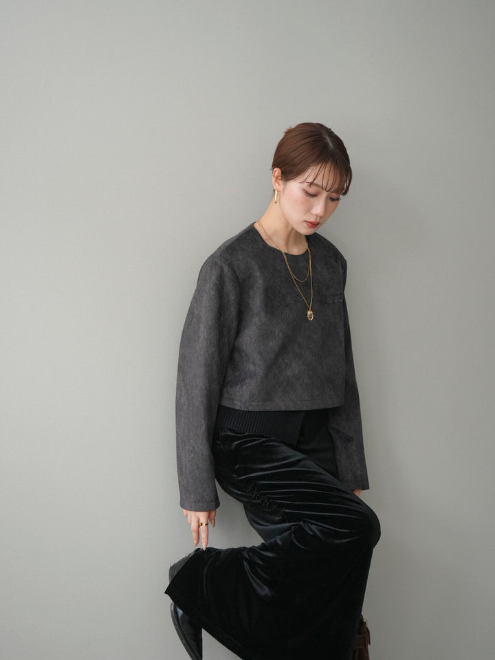 [予約]リブニットレイヤードスエードプルオーバー/charcoal