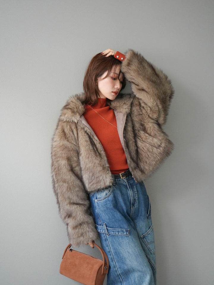 [予約]フェイクファーショートZIPジャケット/brownmix