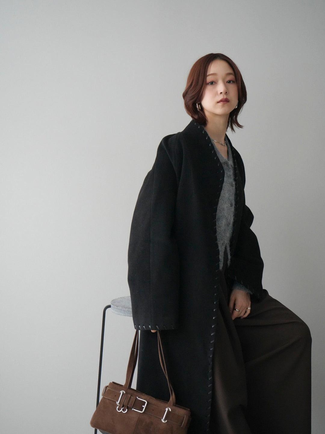 [SET]ハンドステッチ裏中綿ロングコート+モヘア衿付きボタンプルオーバー(2set)