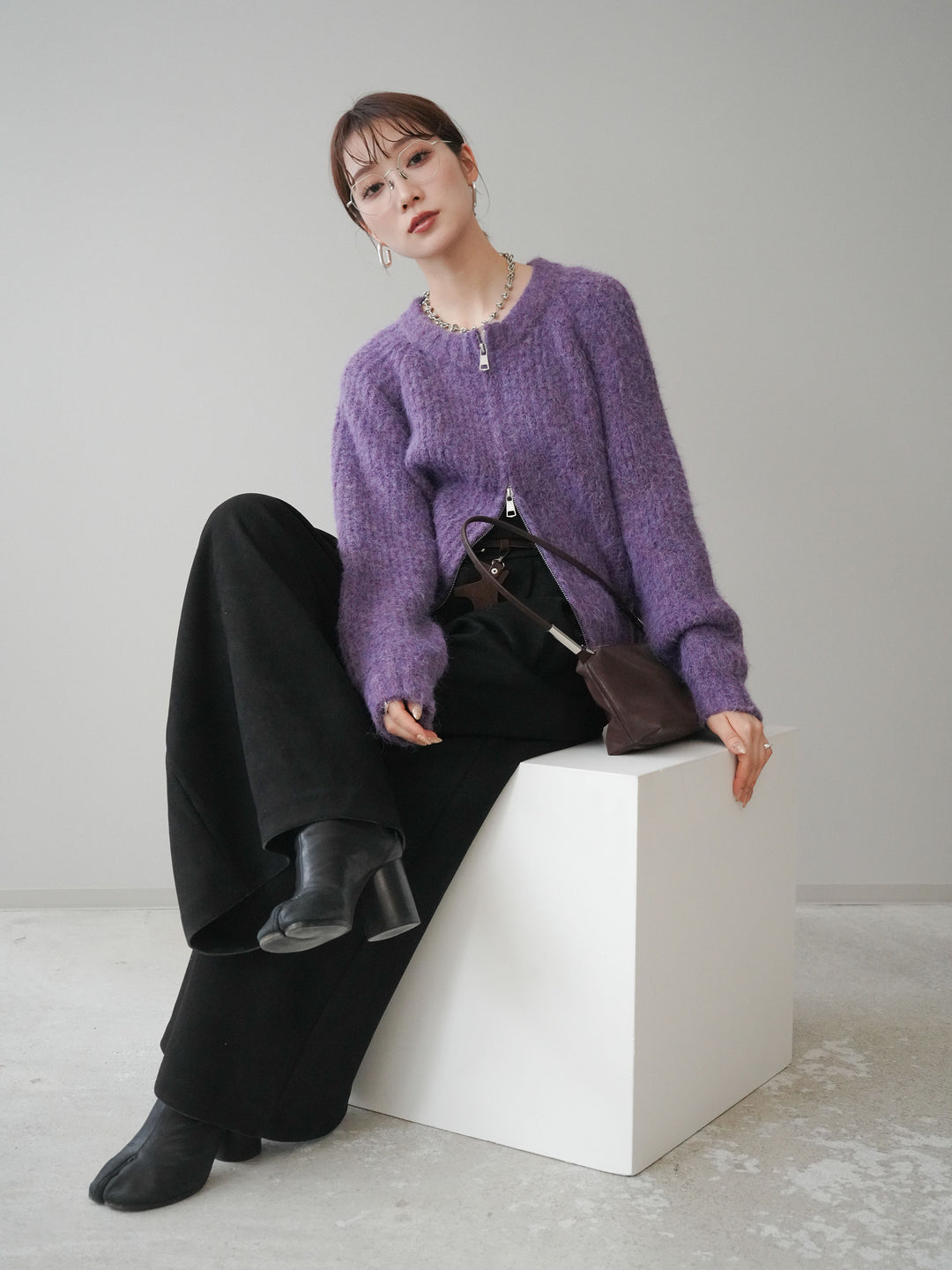 [予約]MIXヤーンモヘアタッチZIPニットカーディガン/purple