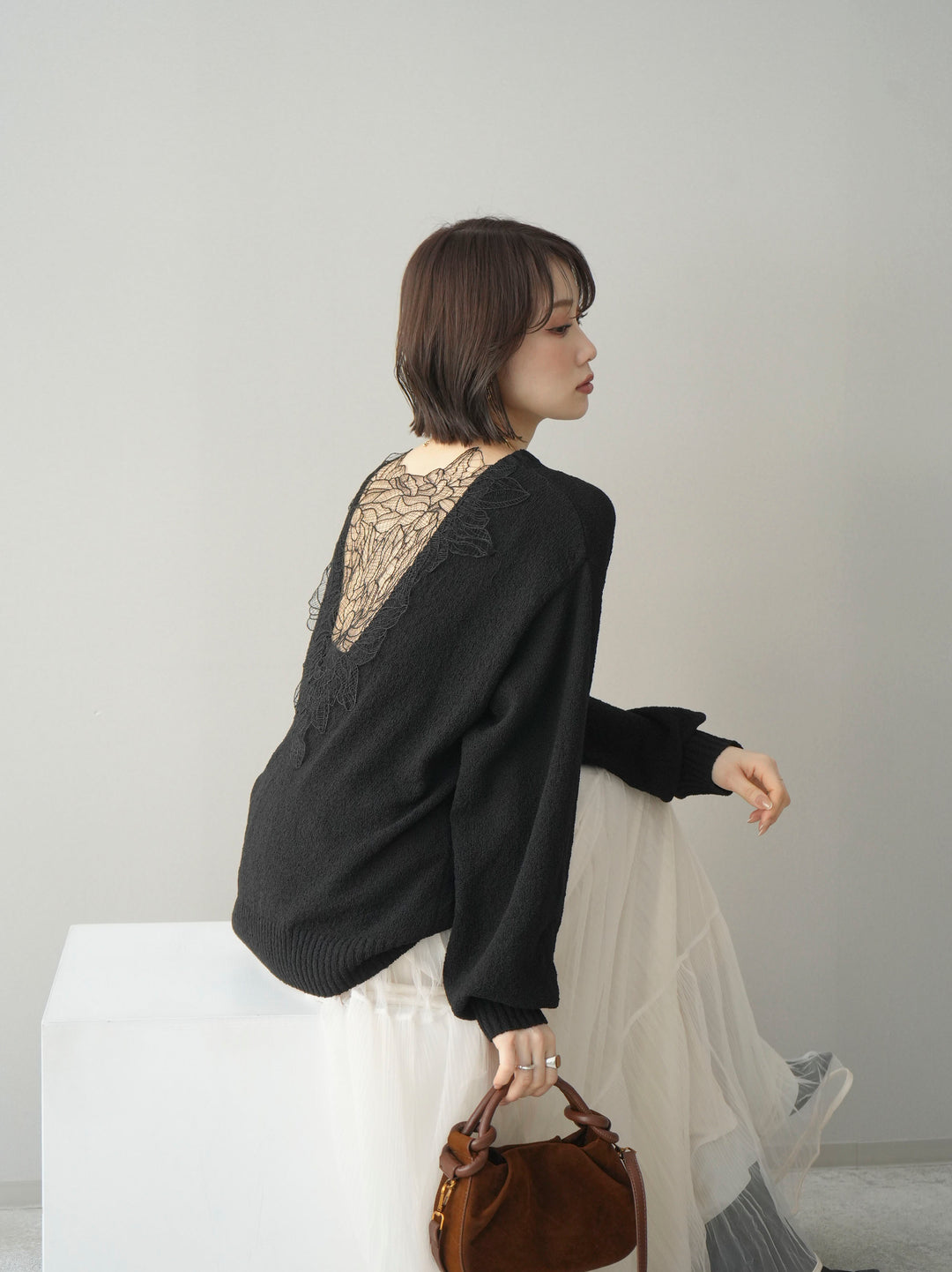 [SET]バックシアーフラワーレースニットプルオーバー+ラメプリーツレイヤードチュールロングスカート(2set)