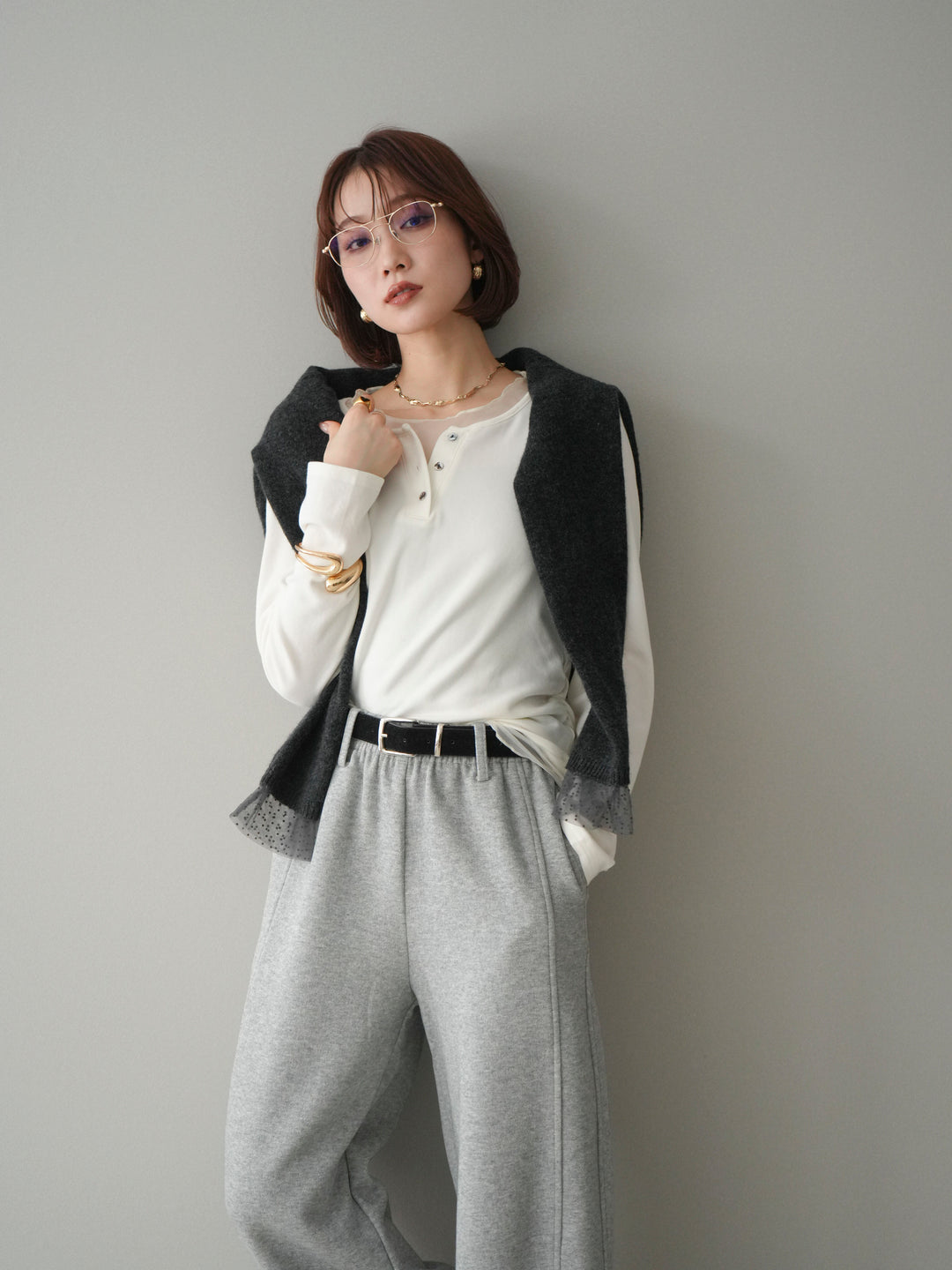 [予約]チュールレイヤードヘンリーネックカットソー/ivory