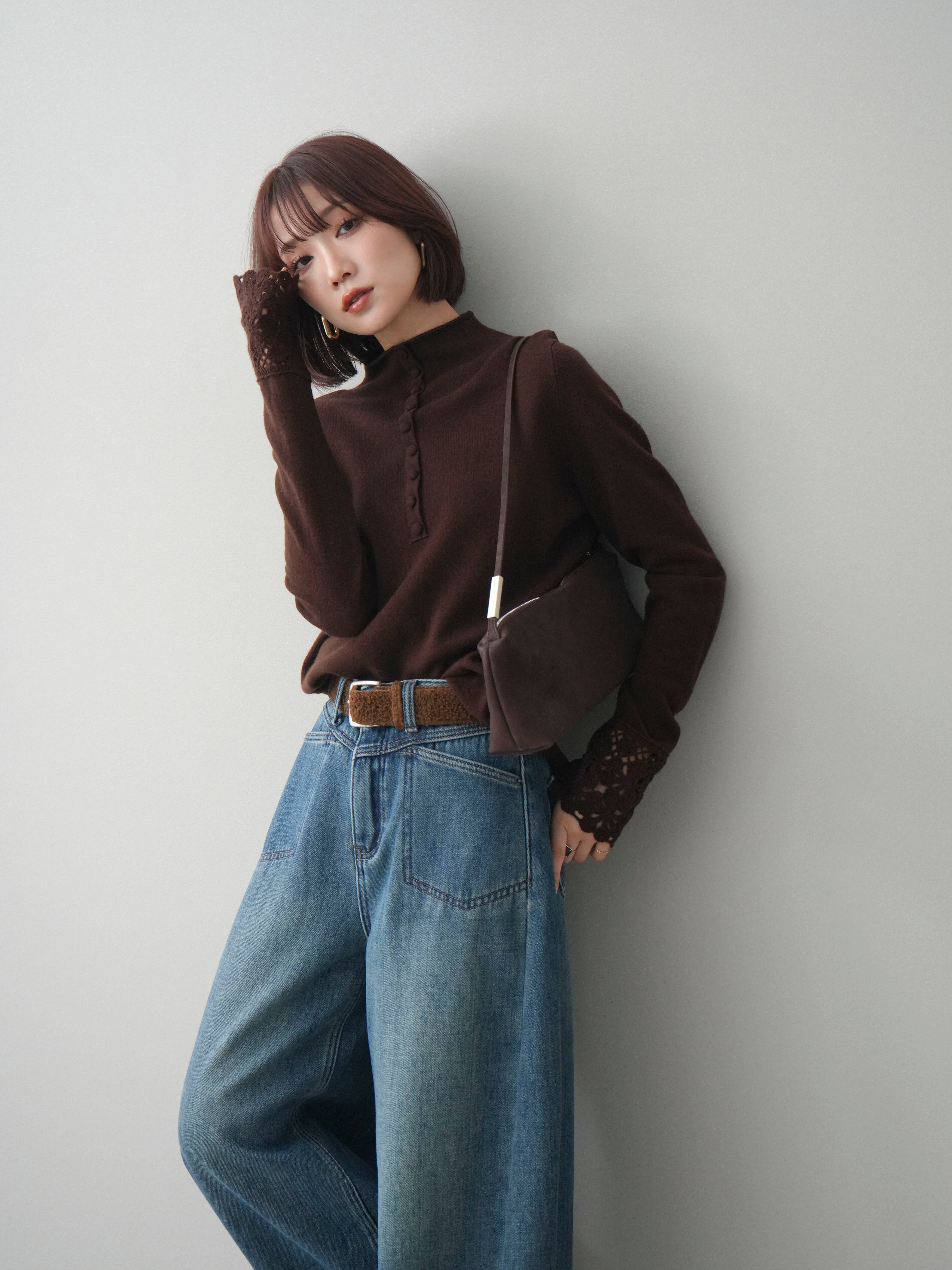 予約]袖スカラップレースフロントボタンウールニットトップス/brown