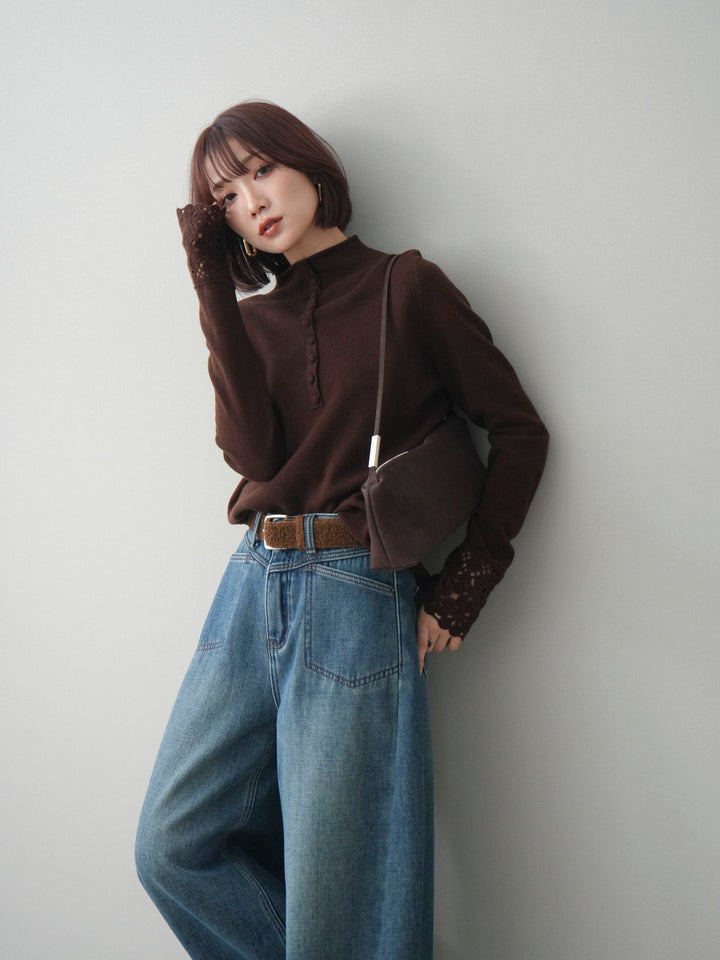 [予約]袖スカラップレースフロントボタンウールニットトップス/brown