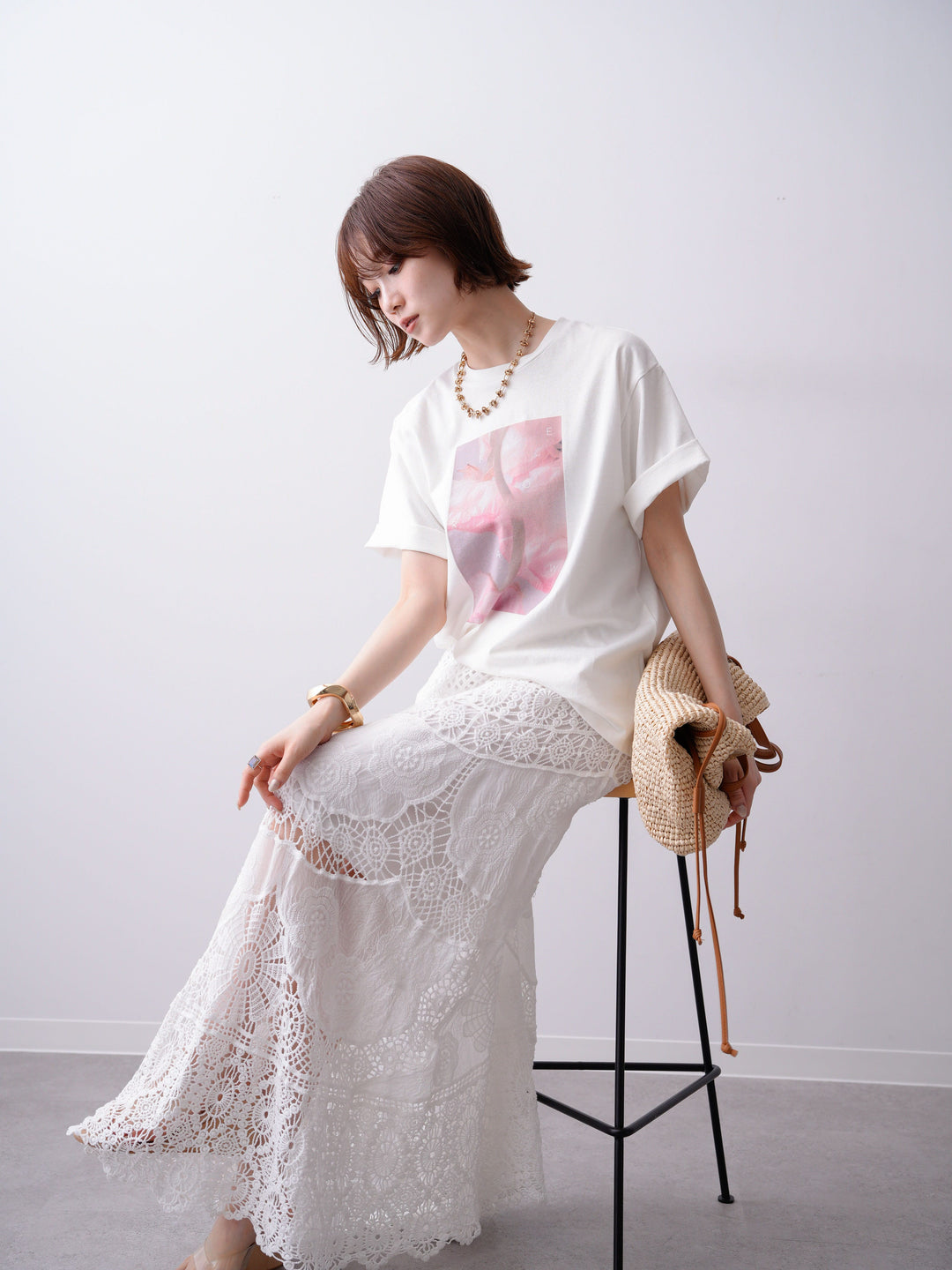 [SET]ニュアンスフローラルフォトTEE+クロシェマキシスカート(2set)