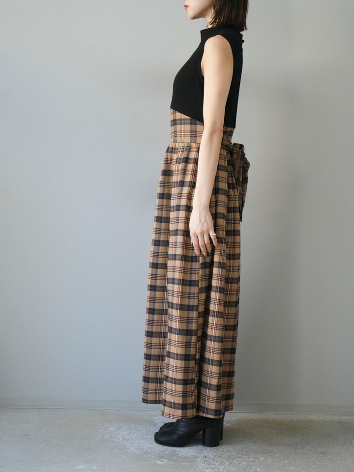 [予約]テレコ×チェックドッキングノースリワンピース/ブラック×ベージュ