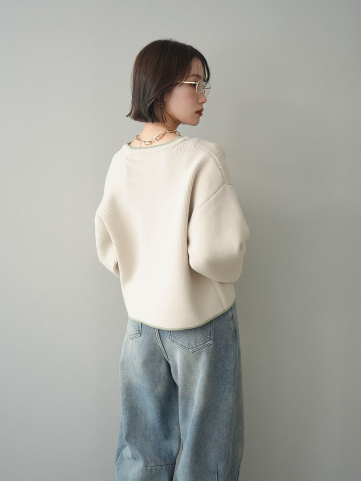 [SET]ポリエステル配色ニットカーディガン+裏起毛カットオフカーブデニムパンツ(2set)