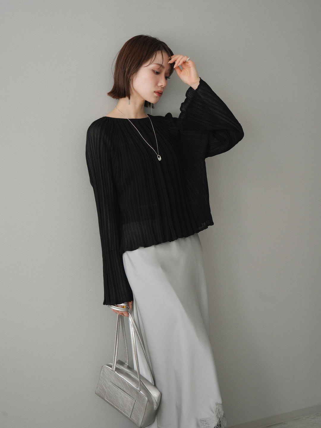 [SET]プリーツシアーフレアスリーブニットトップス+センターシームフレアパンツ(2set)