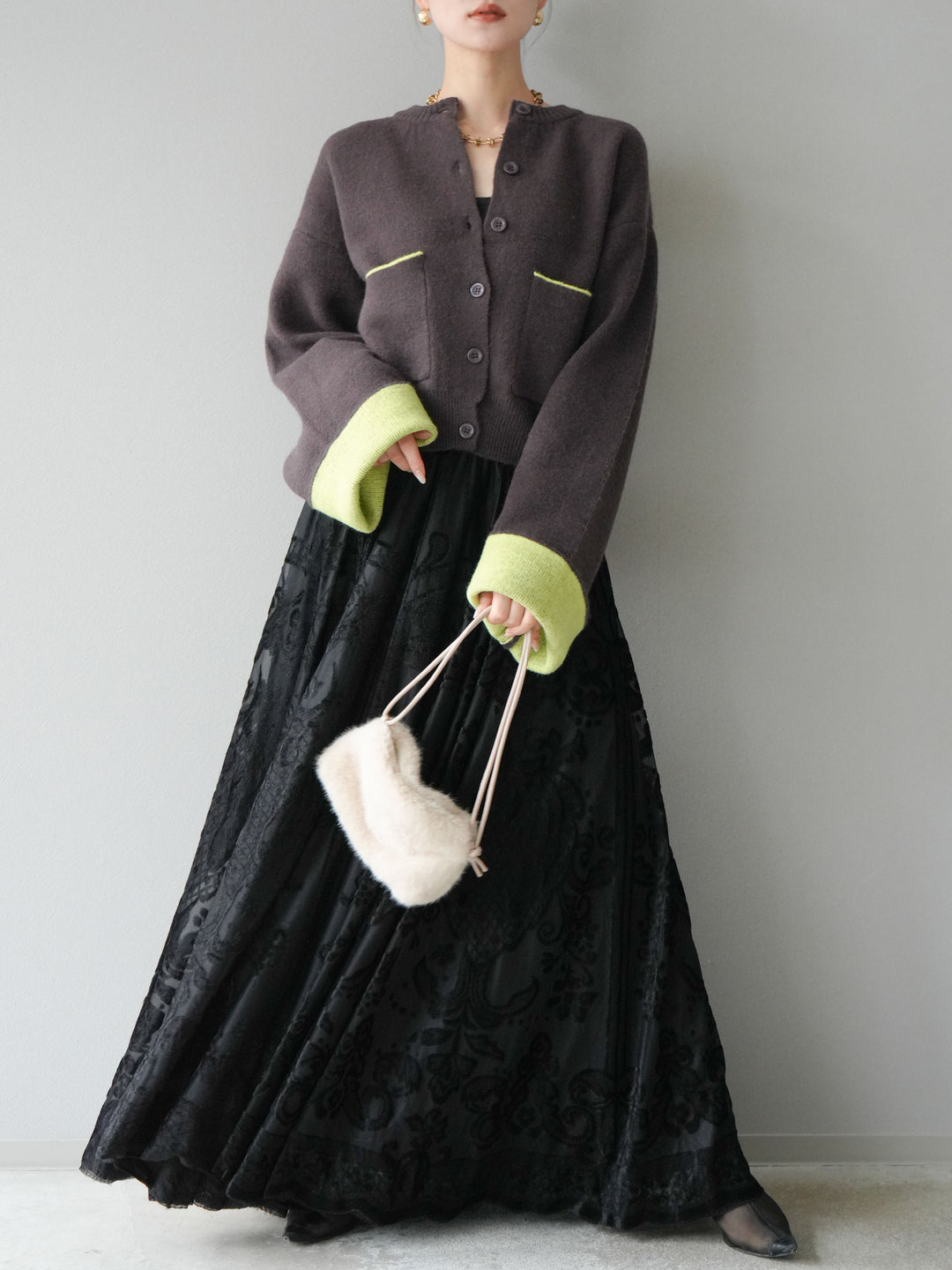 [SET]バイカラーオーバーニットカーディガン+アンティーク柄フロッキーマキシスカート(2set)