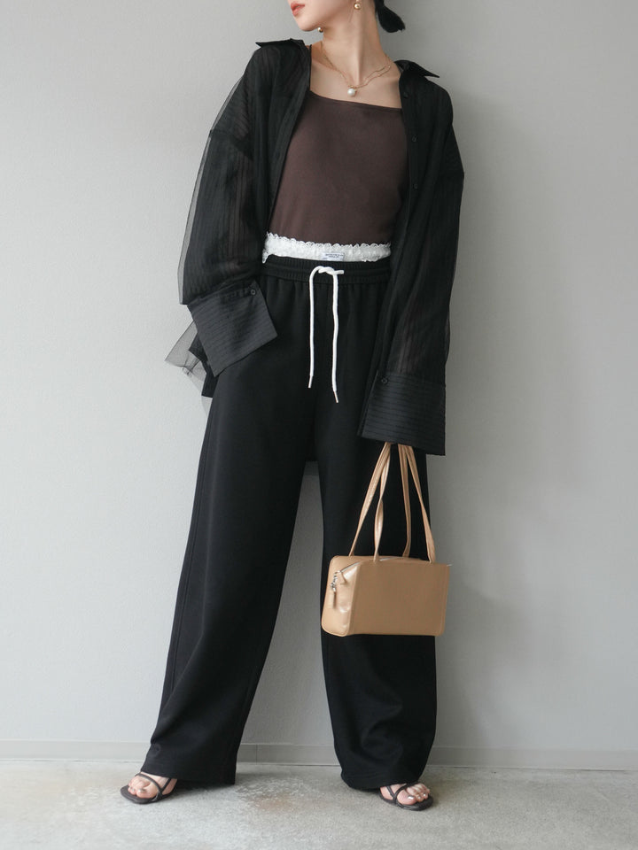 【預購】薄紗對接透視條紋大袖口oversized襯衫/黑色