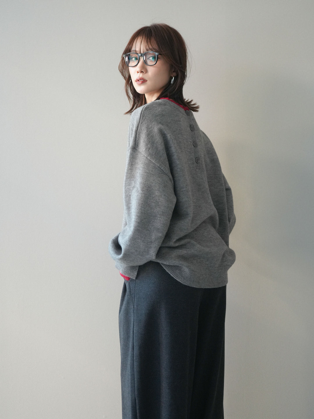 [予約]ヘンリーネック配色レイヤードニットプルオーバー/middlegray