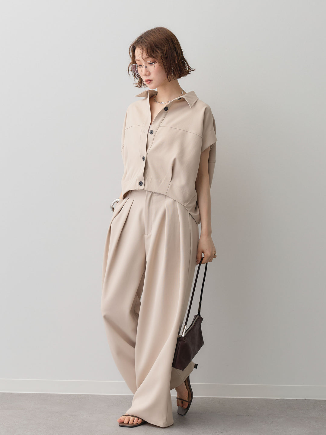 【套裝】縐綢燈籠無袖襯衫 + 縐綢闊腿褲（兩件套）