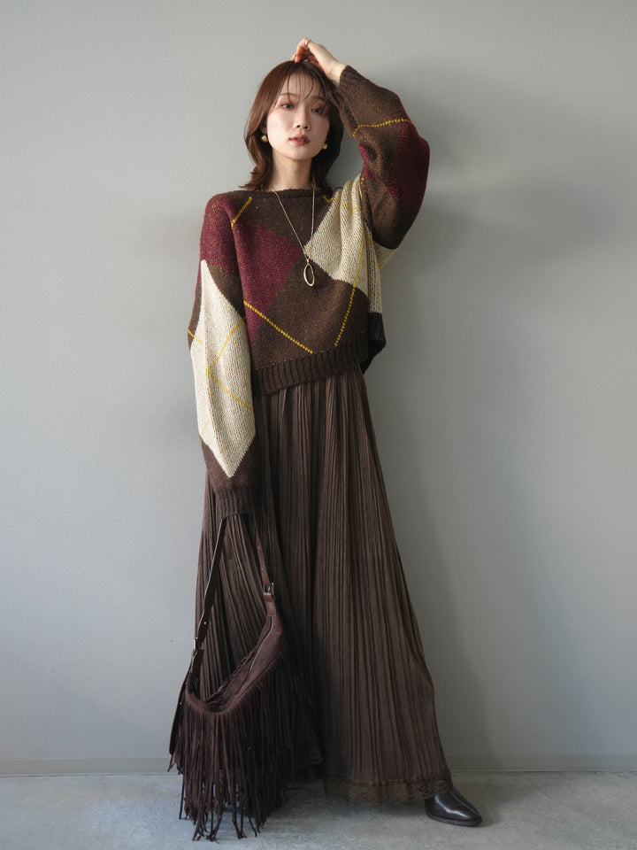 [SET]配色ステッチアーガイル柄ニットプルオーバー+裾レーススウェードプリーツマキシスカート(2set)