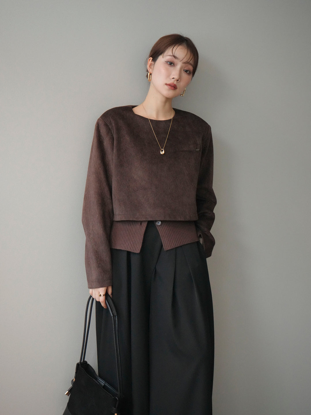 [予約]リブニットレイヤードスエードプルオーバー/brown