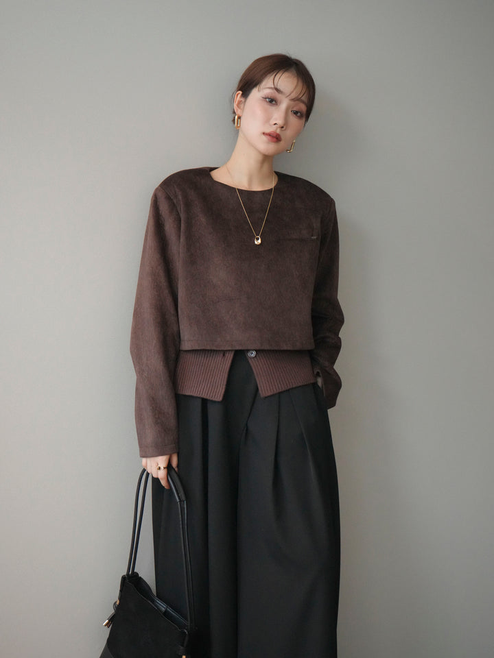 [予約]リブニットレイヤードスエードプルオーバー/brown