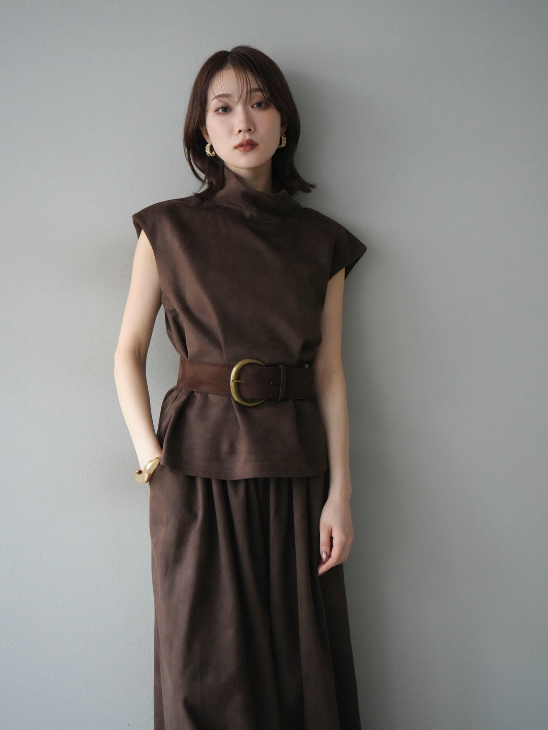 [SET]ベルト付スエードハイネックプルオーバー＆ワイドパンツSET UP