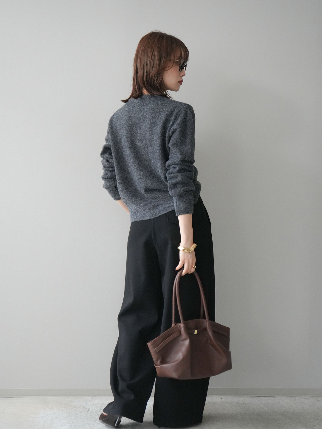 [予約]アニマル柄ベルト付きウールタッチワイドパンツ/black