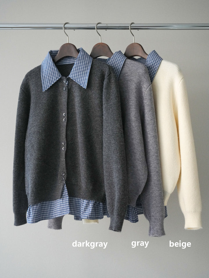 [SET]チェックシャツ襟ニットカーディガン+編み込みベルト付きウエスト配色スエットパンツ(2set)