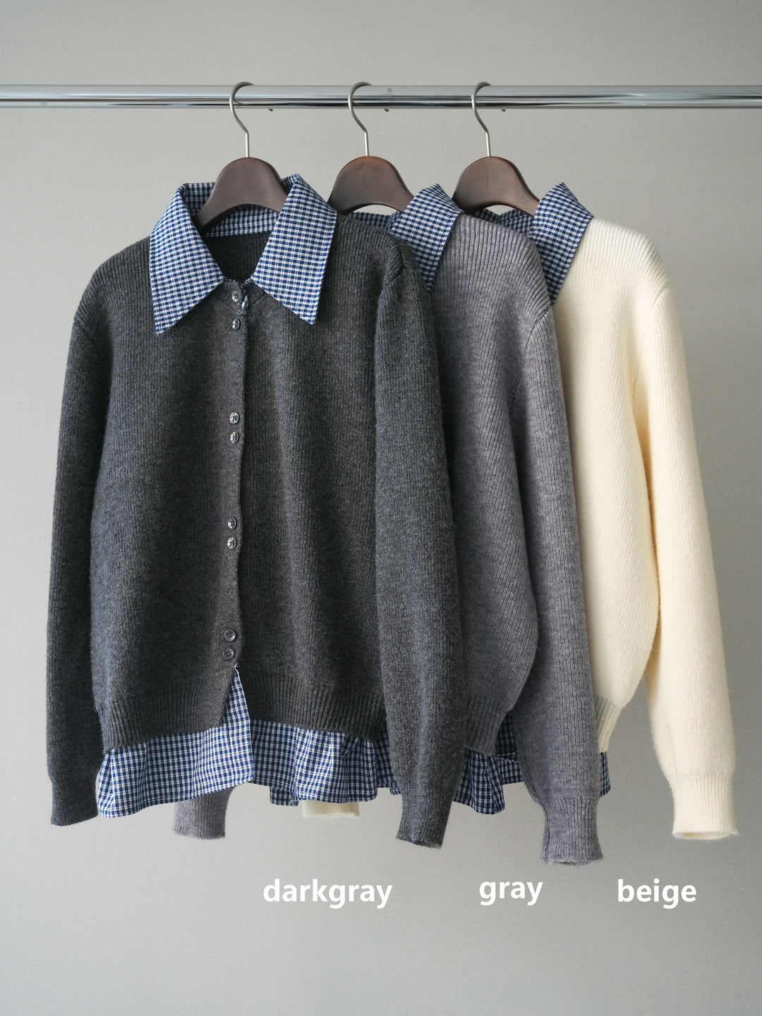 [SET]チェックシャツ襟ニットカーディガン+ベルトデザインループコールテンワイドパンツ(ベルト付き)(2set)