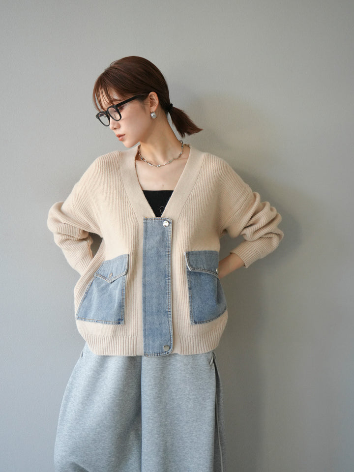 [予約]デニムポケットデザインニットカーディガン/アイボリー