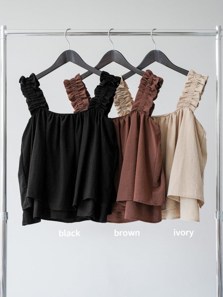 [SET] 縮肩喇叭背心 + 水彩藝術休閒褲 + 繩繡薄紗疊穿褲 (3 件套)