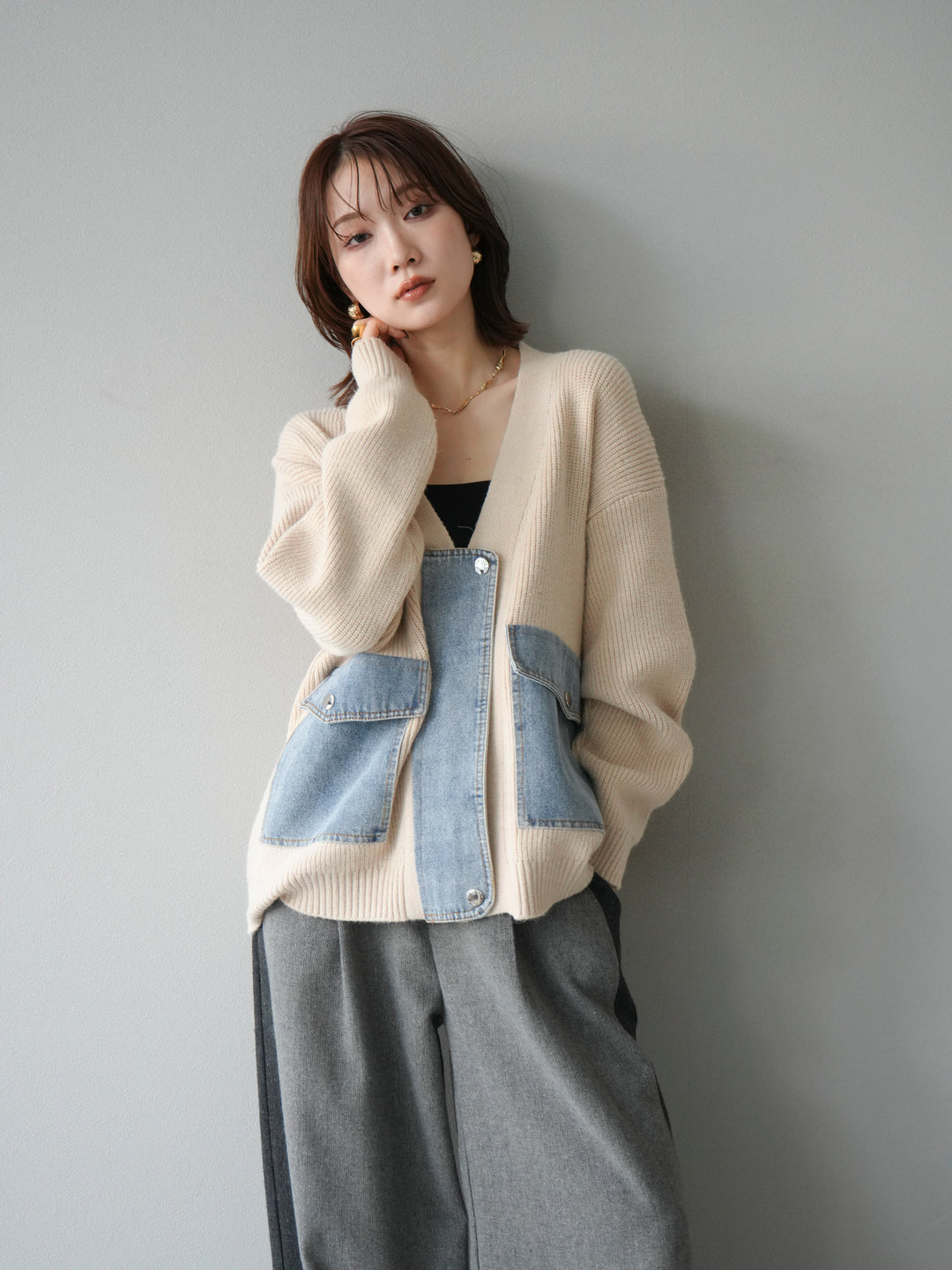 [予約]デニムポケットデザインニットカーディガン/アイボリー