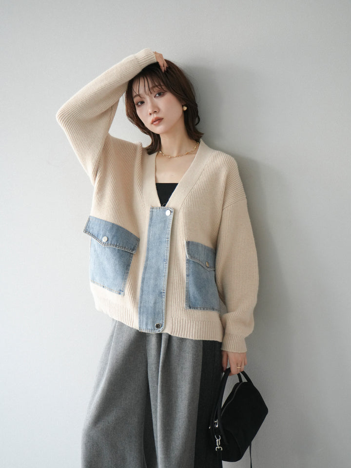[予約]デニムポケットデザインニットカーディガン/アイボリー