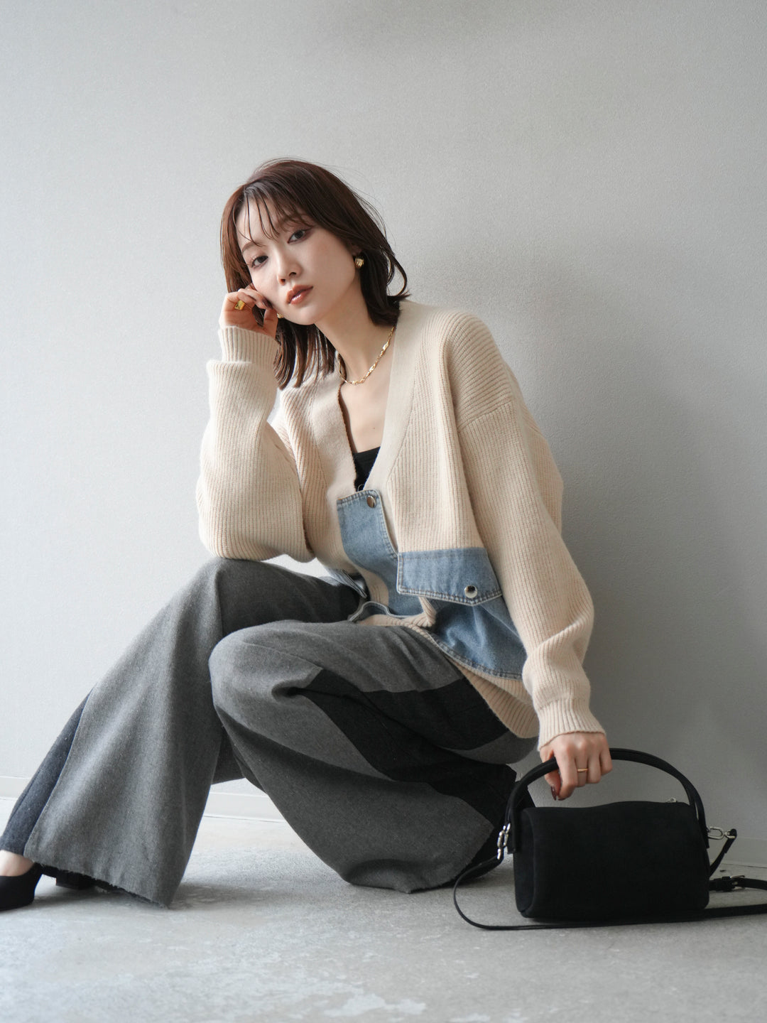 [予約]デニムポケットデザインニットカーディガン/アイボリー