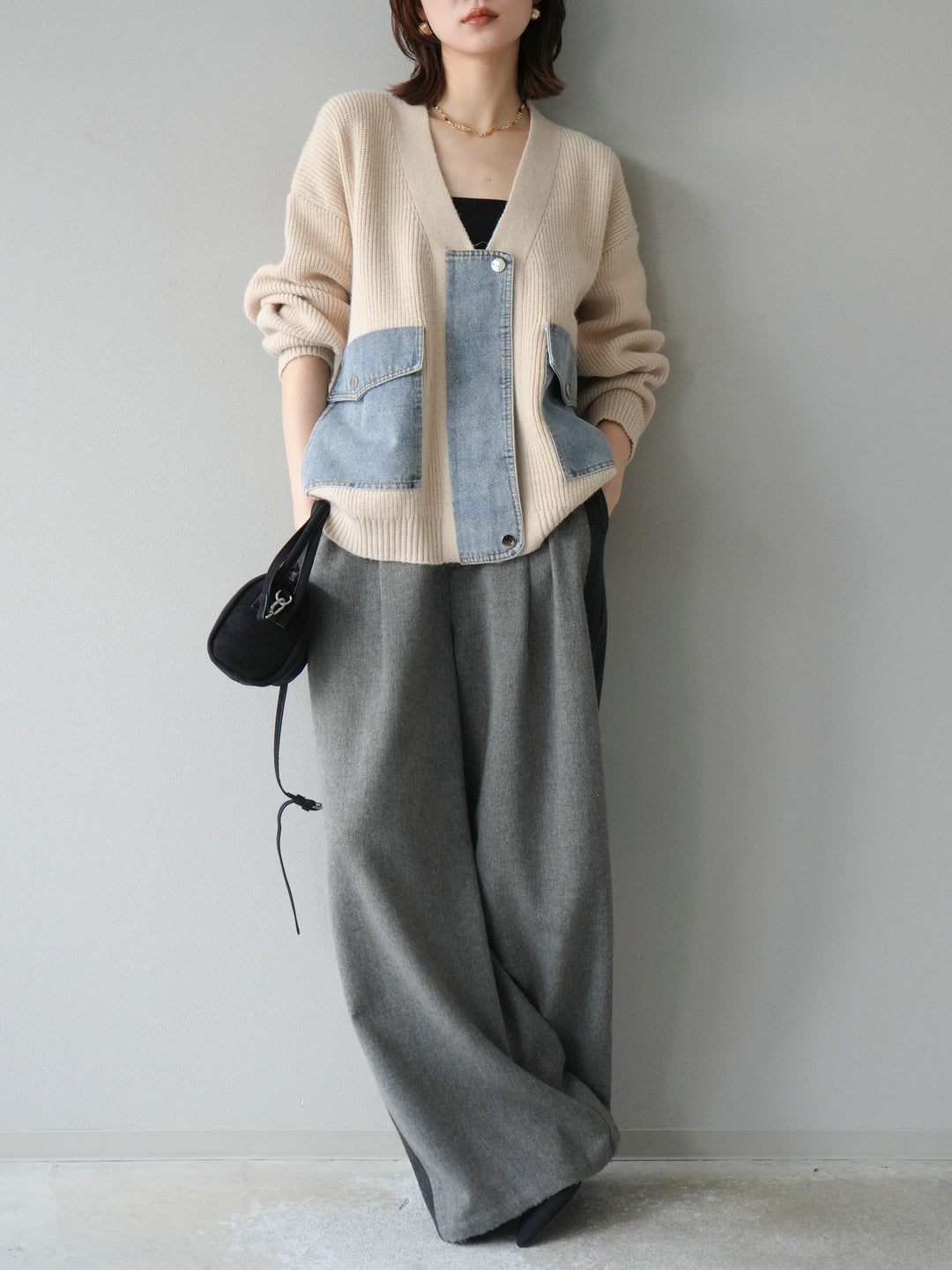 [予約]デニムポケットデザインニットカーディガン/アイボリー