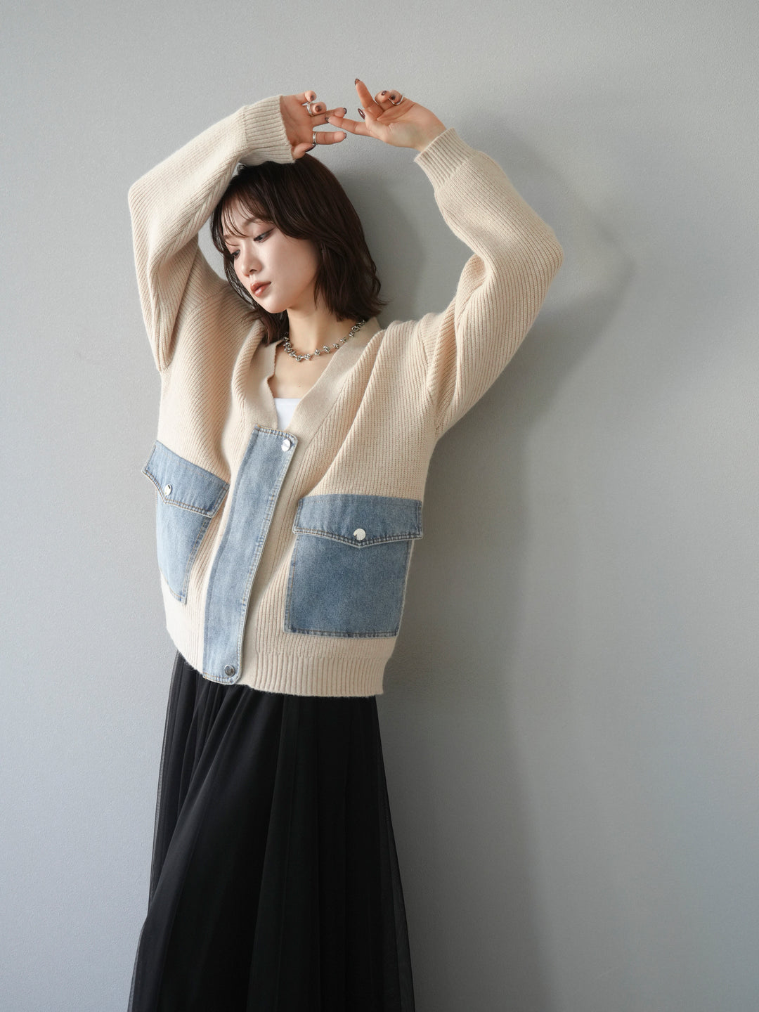 [予約]デニムポケットデザインニットカーディガン/アイボリー
