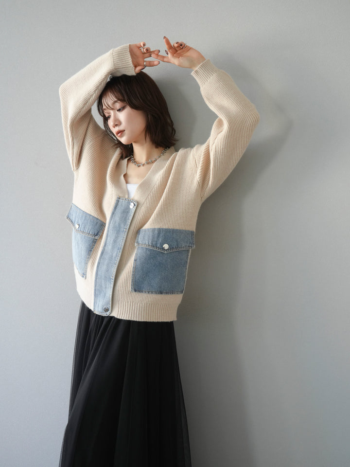 [予約]デニムポケットデザインニットカーディガン/アイボリー