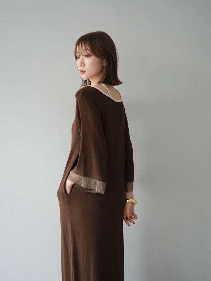 [予約]デザインネックラメシアー切替ニットワンピース/ブラウン