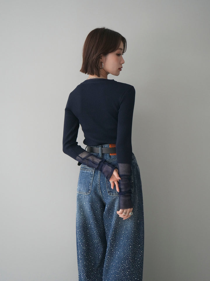 [SET]リブラメシアー切替リブニットトップス+ラインストーンカーブデニムパンツ(2set)