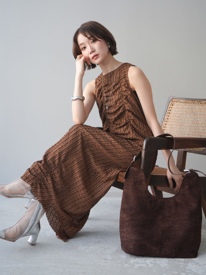 [予約]シャーリングジャガードノースリーブワンピース/brown