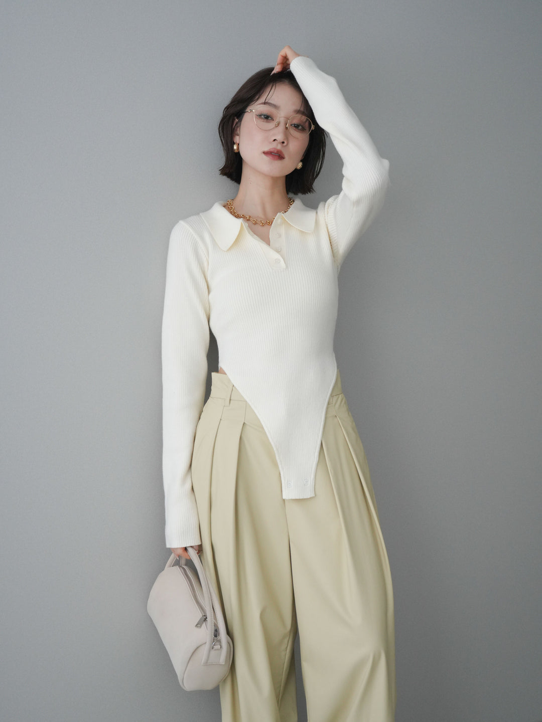 [予約]リブポロニットボディスーツ/ivory