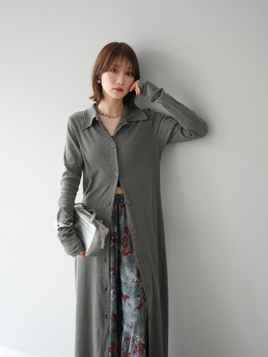 [SET]襟付きカットリブボタンワンピース+フラワープリントチュールレイヤードパンツ(2set)