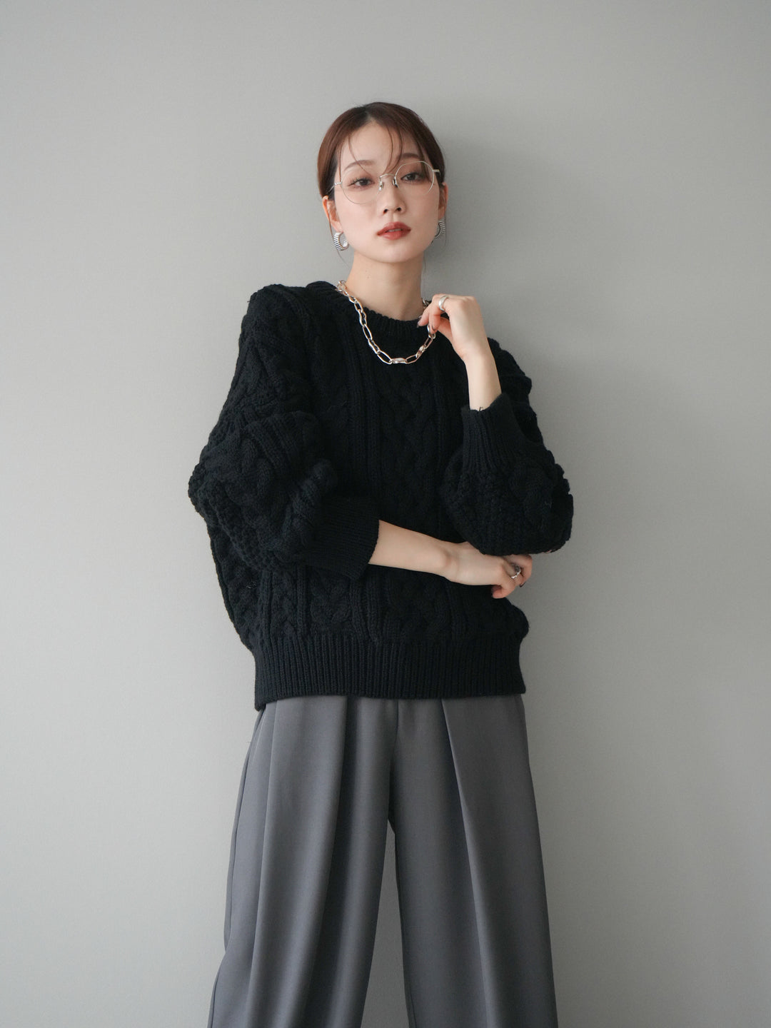 [SET]ボリュームケーブルニットプルオーバー+ベルトループデザインワイドパンツ(2set)