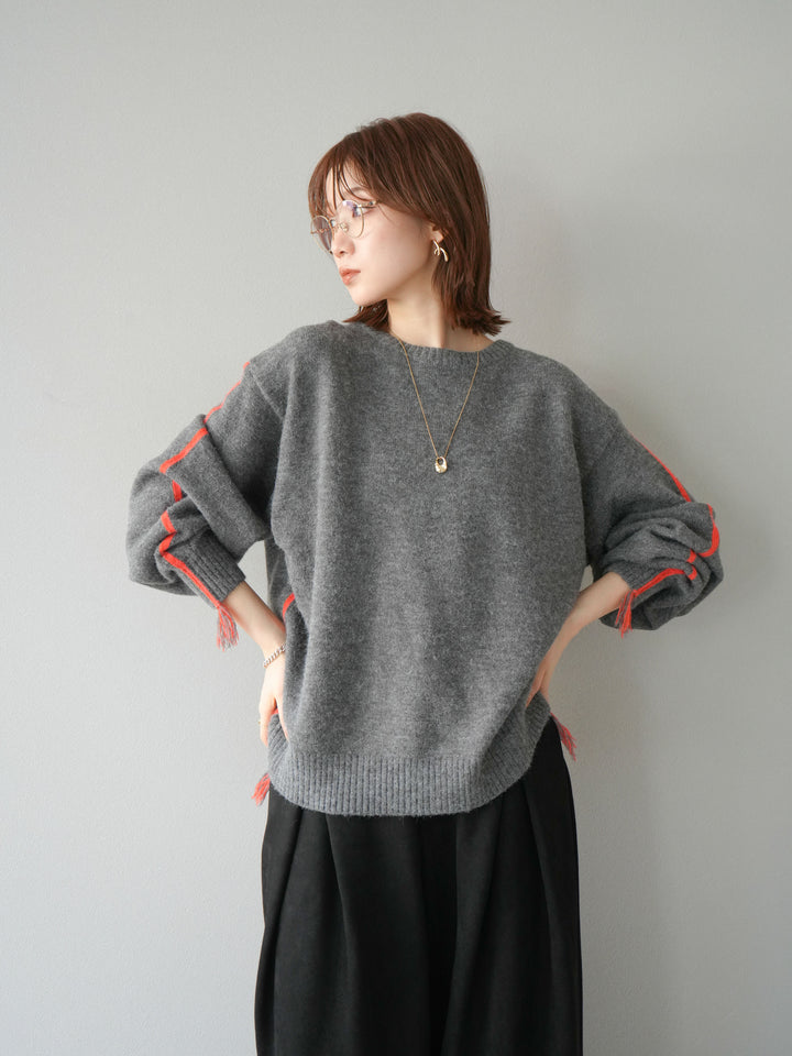 [SET]配色ステッチフリンジニットプルオーバー +スウェードタックワイドパンツ(2set)