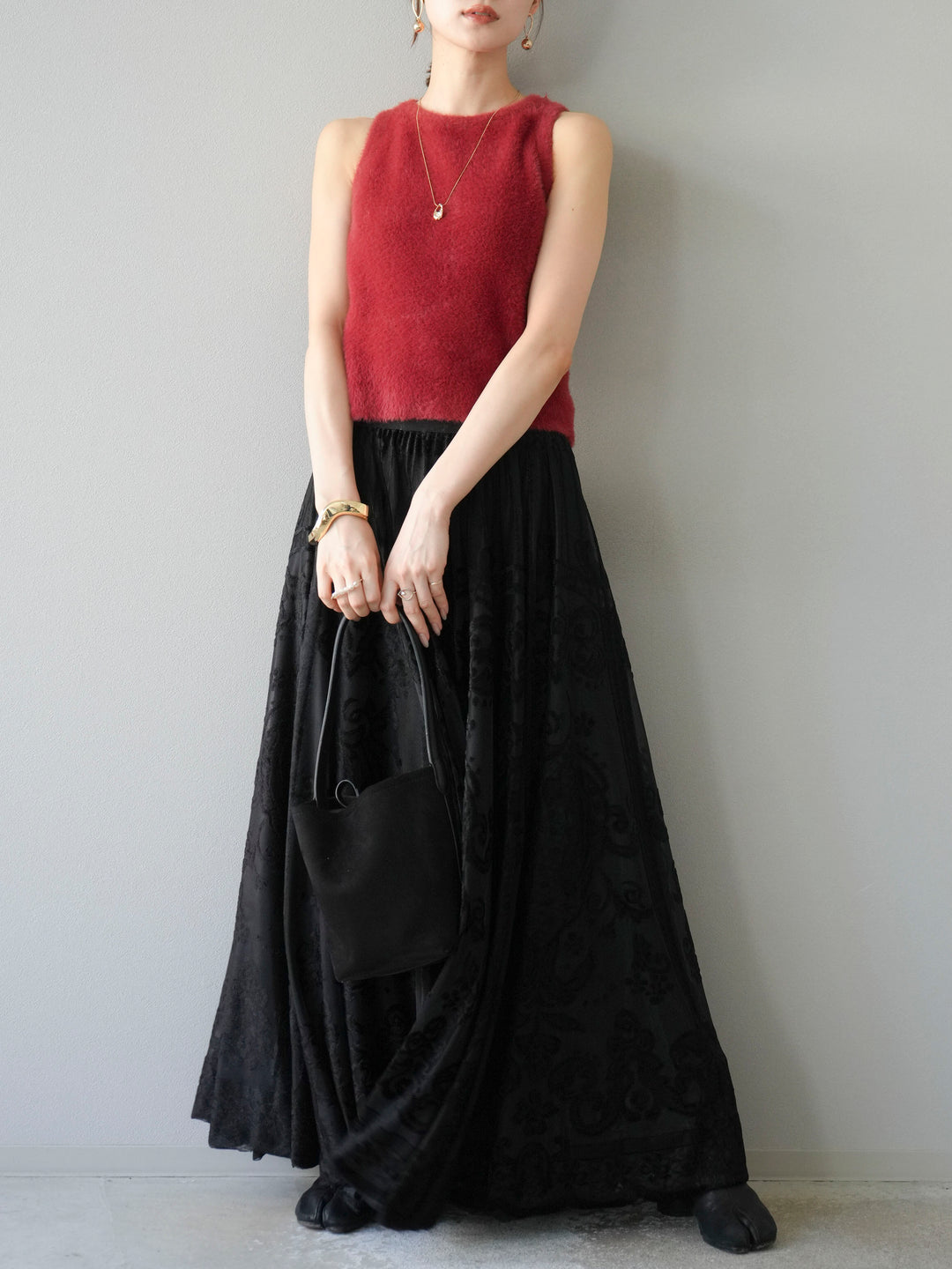 [予約]アンティーク柄フロッキーマキシスカート/ブラック