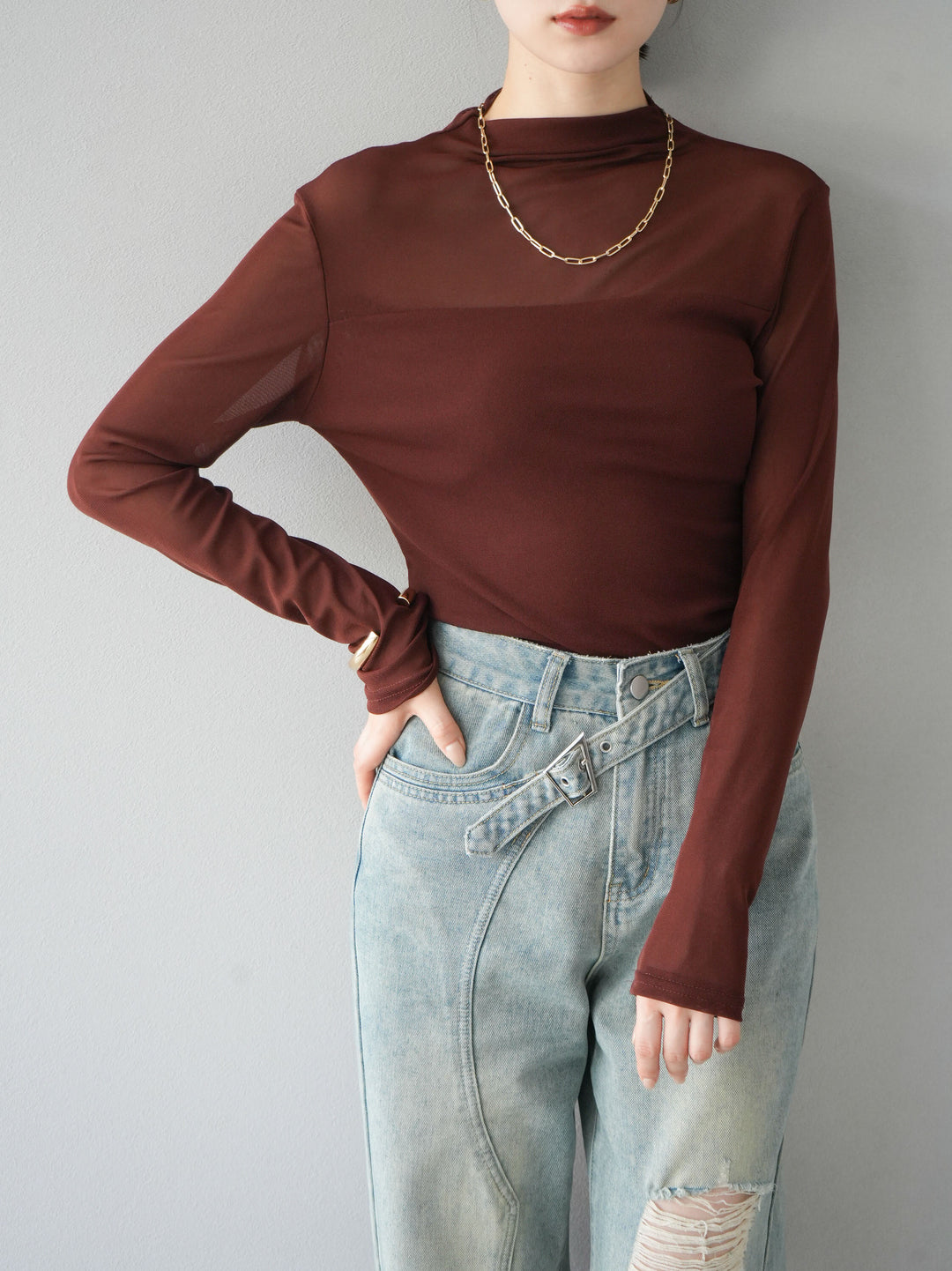 [予約]シアー切替ストレッチ長袖トップス/ブラウン