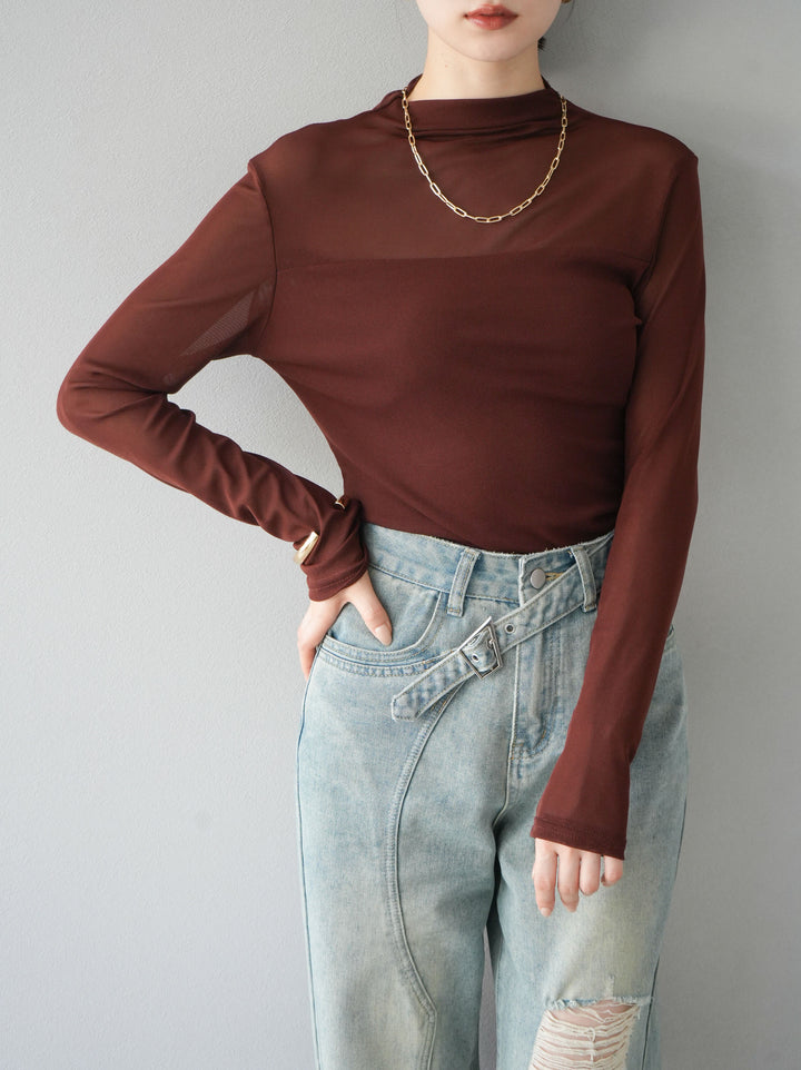 [予約]シアー切替ストレッチ長袖トップス/ブラウン